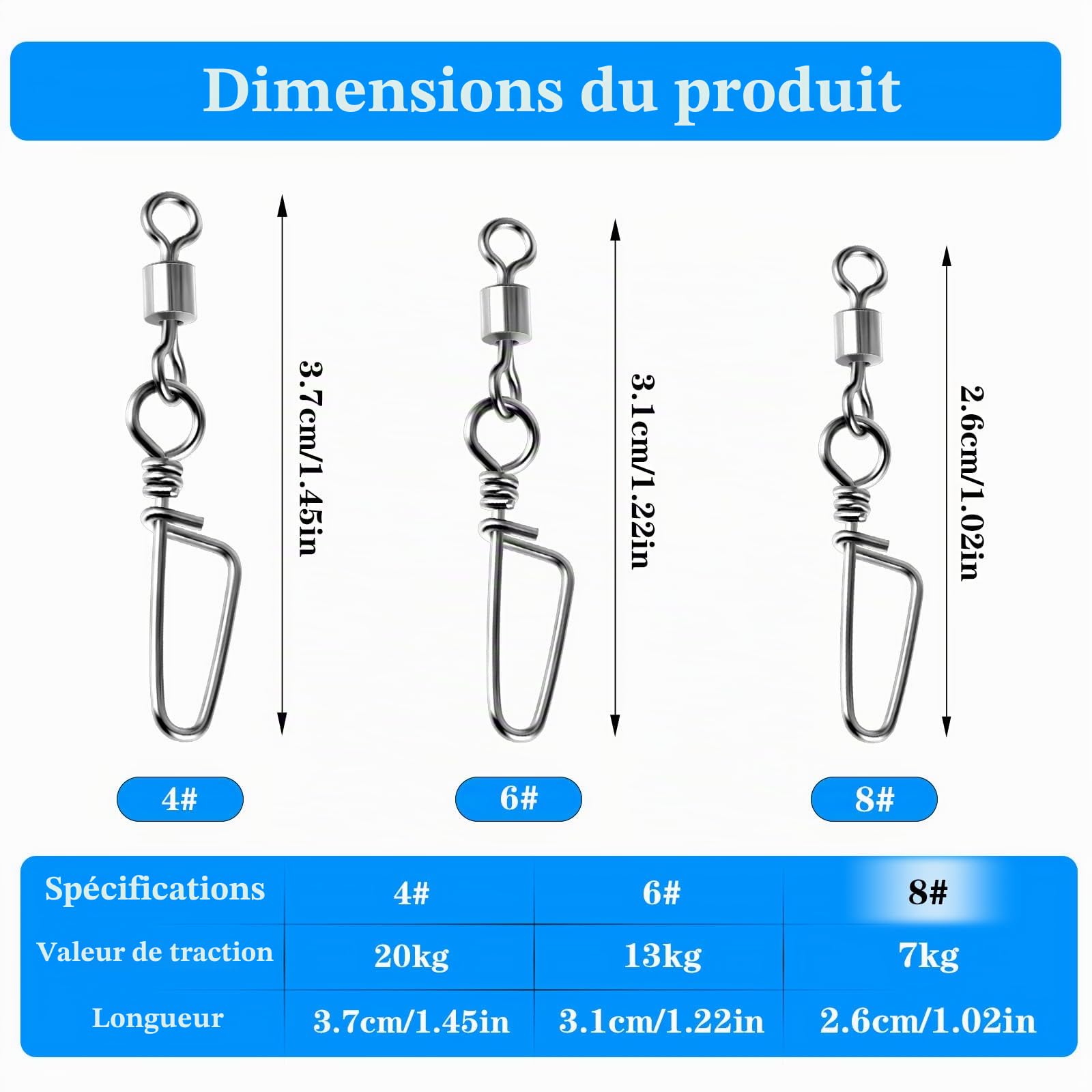 Amaxiu Angel Snap Lot de 25 émerillons haute résistance pour la pêche en acier inoxydable avec connecteur résistant à la corrosion pour eau salée et eau douce