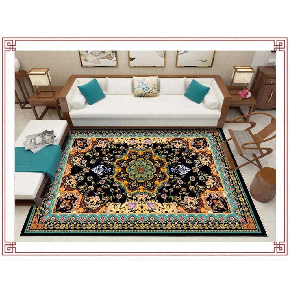 Tapis de couloir oriental lavable rétro fleur jaune noir 120x160cm