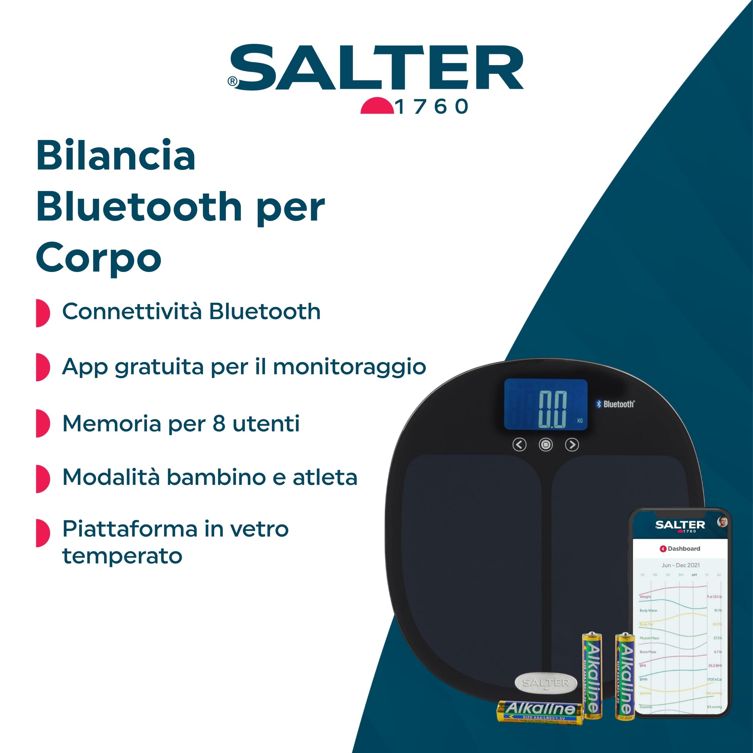 Salter 9192 BK3R Curve bilancia da bagno digitale per elettronica salter, Bilancia Bluetooth per misurare peso, grasso corporeo & massa muscolare, collegabile allo smartphone, nero