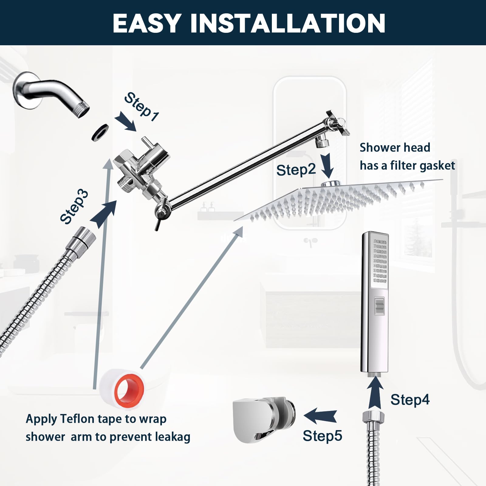 Combo de cabezal de ducha, cabezal de ducha fijo de lluvia de 8 pulgadas y ducha de mano de alta presión, brazo de extensión de 11 pulgadas y manguera de 60 pulgadas, 1 soporte, fácil de instalar