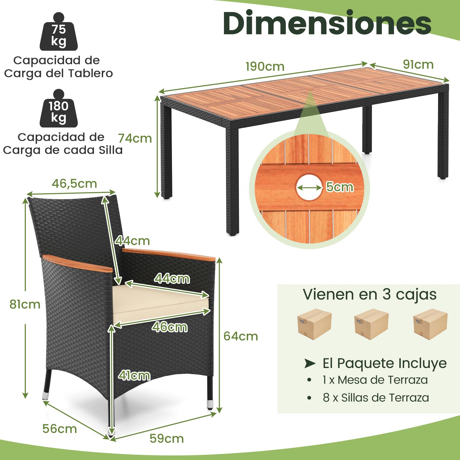 COSTWAY Conjunto Jardin Exterior 9 Piezas, Muebles Jardin Exterior de Acacia y Ratán, Mesa Rectangular y 8 Sillas Jardin con Cojines Extraíbles, Comedores Patio, Jardín y Piscina (Beige, 9)