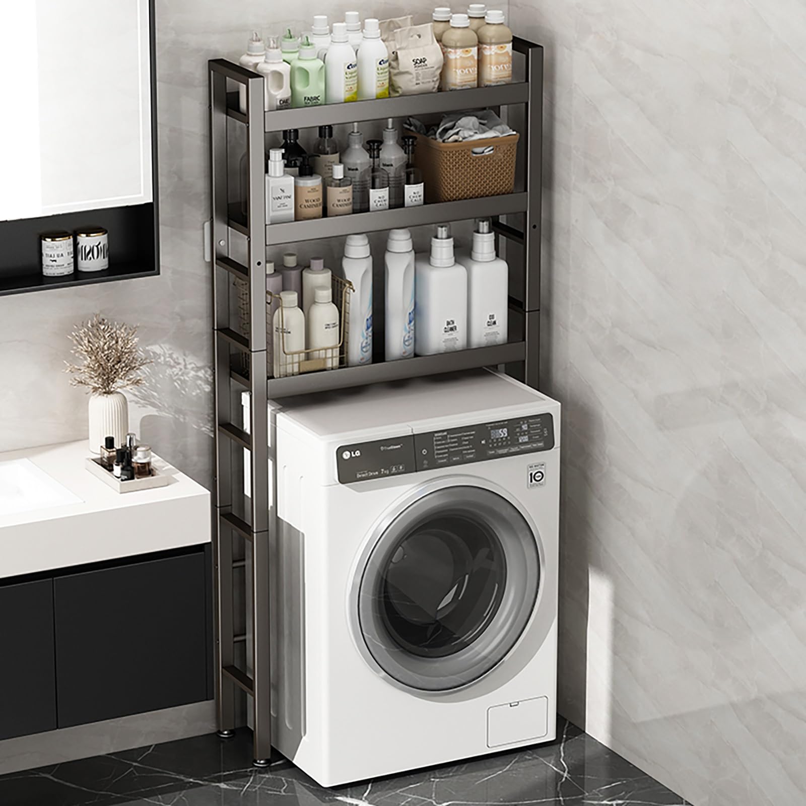Scaffale multiuso a 3 ripiani grigio – Salvaspazio per bagno e lavanderia sopra WC o lavatrice, soluzione di archiviazione multifunzionale per la casa massimizza spazio e stile