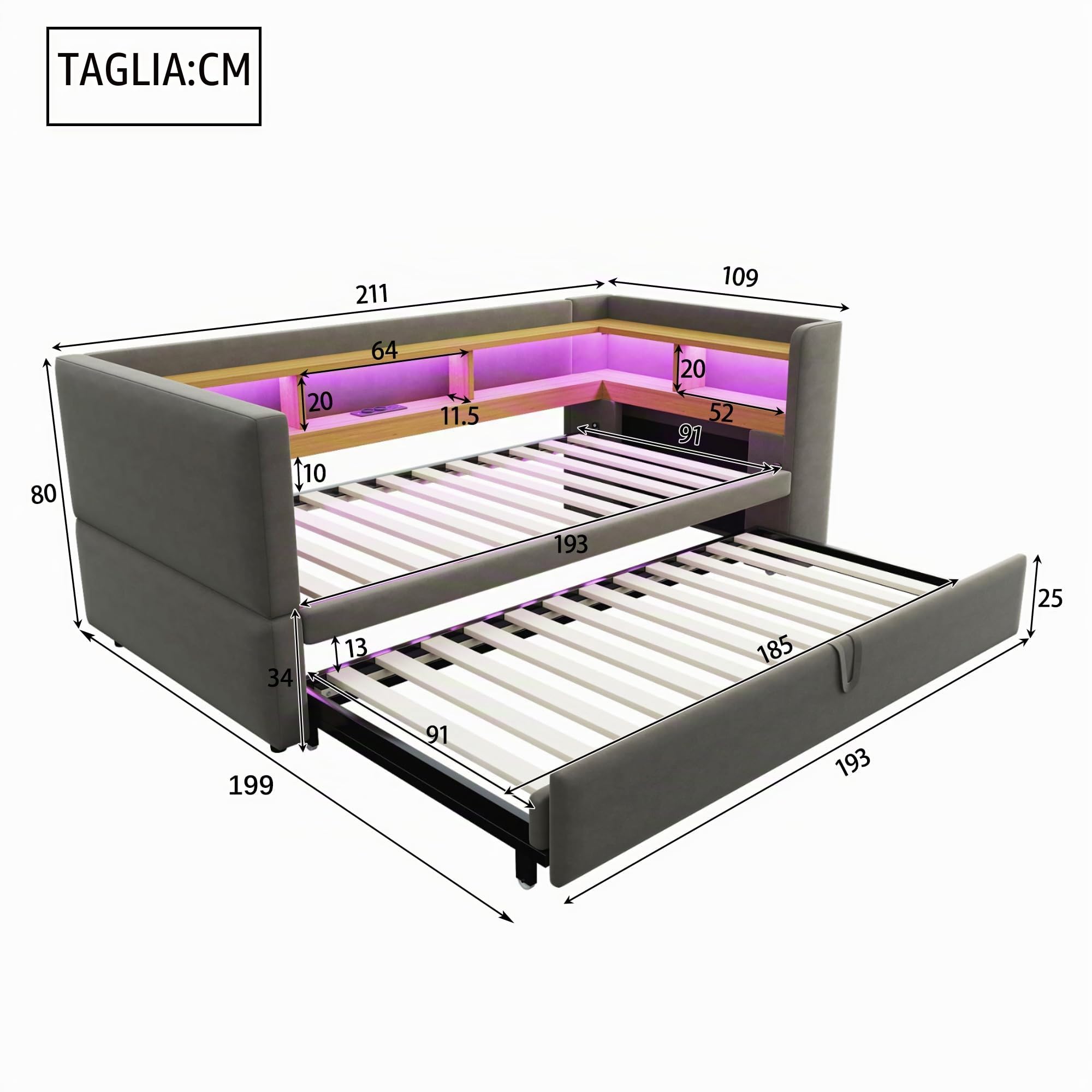 Letto imbottito divano letto estraibile 90/180 x 190 cm, letto singolo con prese LED USB, letto giorno con molti scomparti, flanella, senza materasso (grigio scuro)