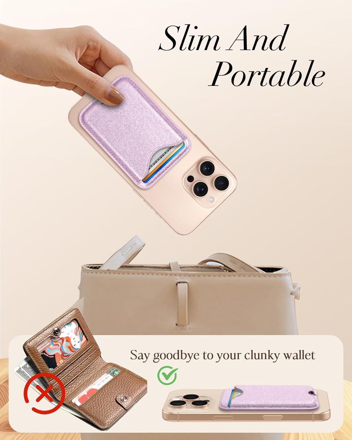 Shorogyt Compatible with Magsafe Wallet Magnetic Card Holder - Glitter Light Purple Phone Wallets for Women Teen Girls for iPhone 17/16/15/14/13/12 Series Slim for Apple Mag RFID Magnet, Fit 3 Cards - Image 2