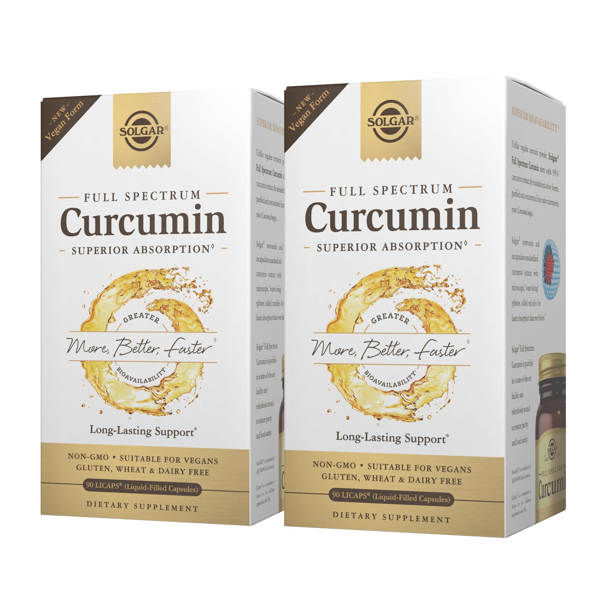 Solgar Full Spectrum Curcumin - 90 LiCaps, Pack of 2 - Superior Absorption - Brain, Joint & Immune Health - Non-GMO, Vegan, Gluten Free, Dairy Free - 180 Total Servings