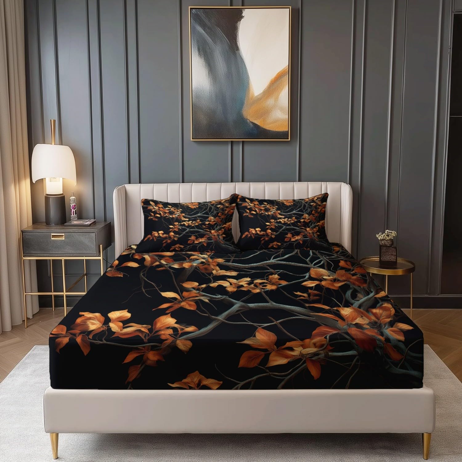 Drap Housse Set 140 x 190 cm, Respirant Résistant Drap-Housse Nature Branches Cinématographie Thème - Noir Drap de Lit Convient aux Matelas Jusqu'à 30 cm D'épaisseur
