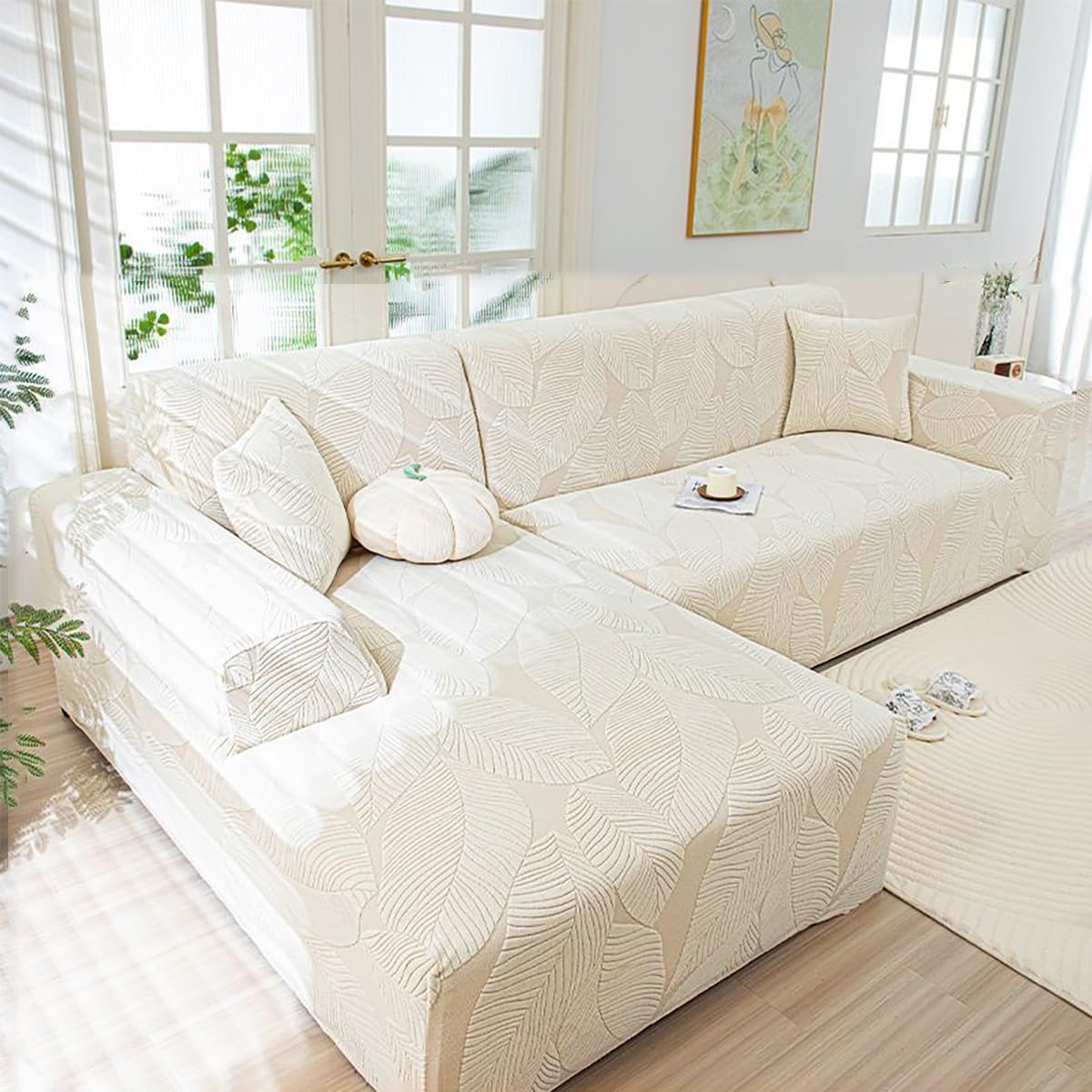 Housse canapé extensible universelle beige pour canapé d'angle en L