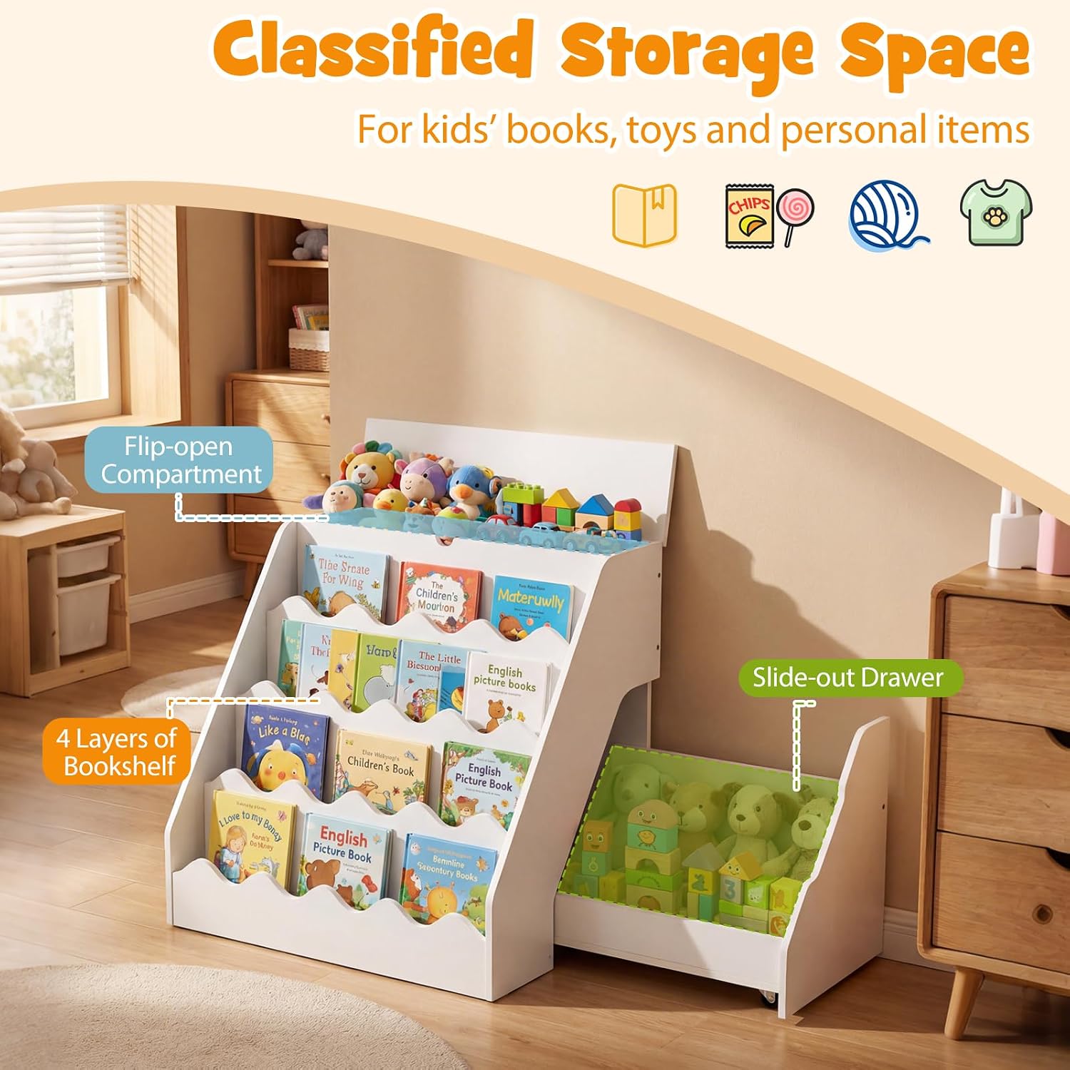 Costzon 2-in-1 Kids Bookshelf, Cute Toy Storage Organizer w/Rolling Drawer Cart, 4 Tier Book Shelf, Flip-Open Top, Toddler Book Stand & Toy Holder for Playroom, Nursery, Daycare, Kids Room (White)