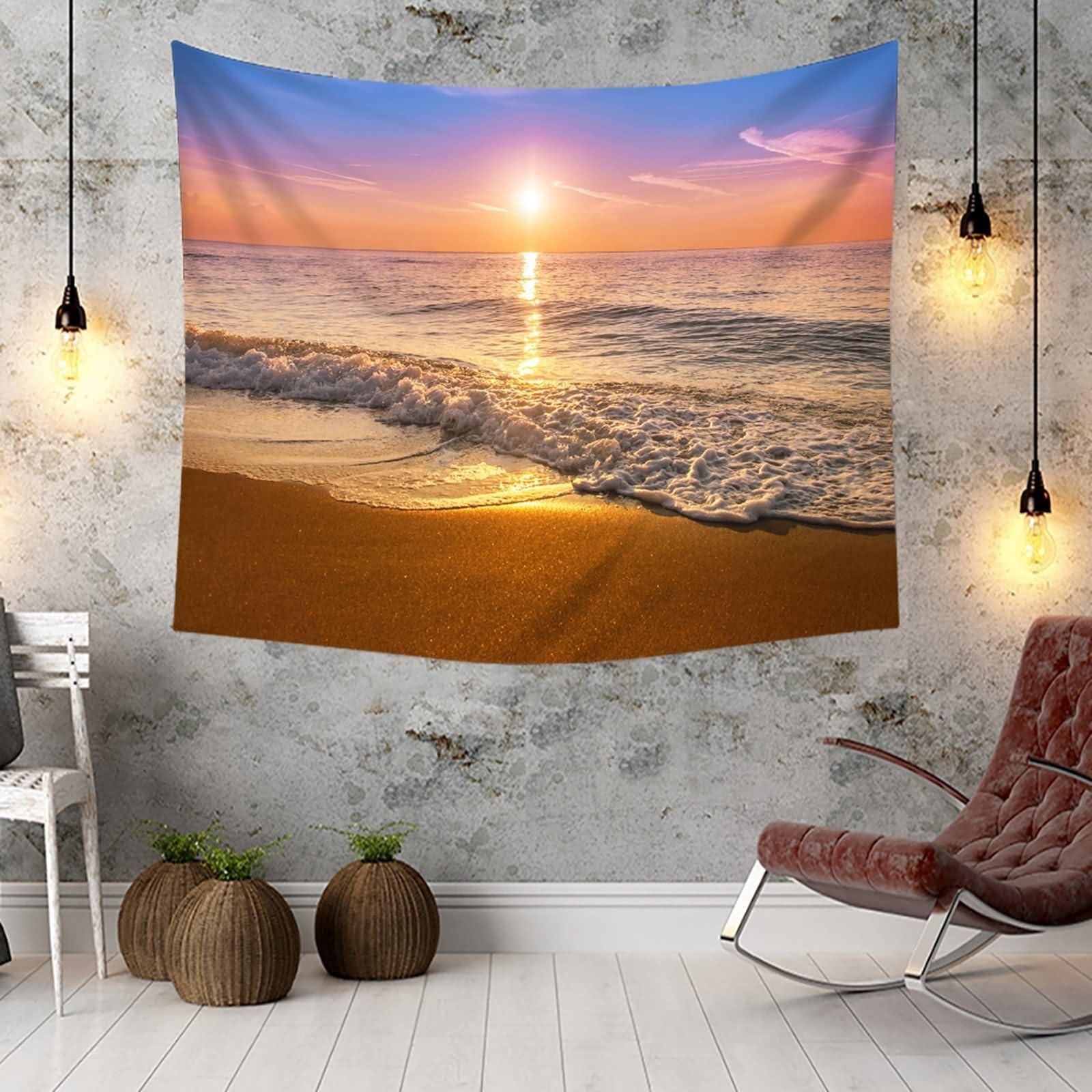 Homxi Dekoracja na ścianę, krajobraz, okno, 200 x 200 cm, plaża i zachód słońca, krajobraz, dywan ścienny, krajobraz, poliester, brązowy, niebieski