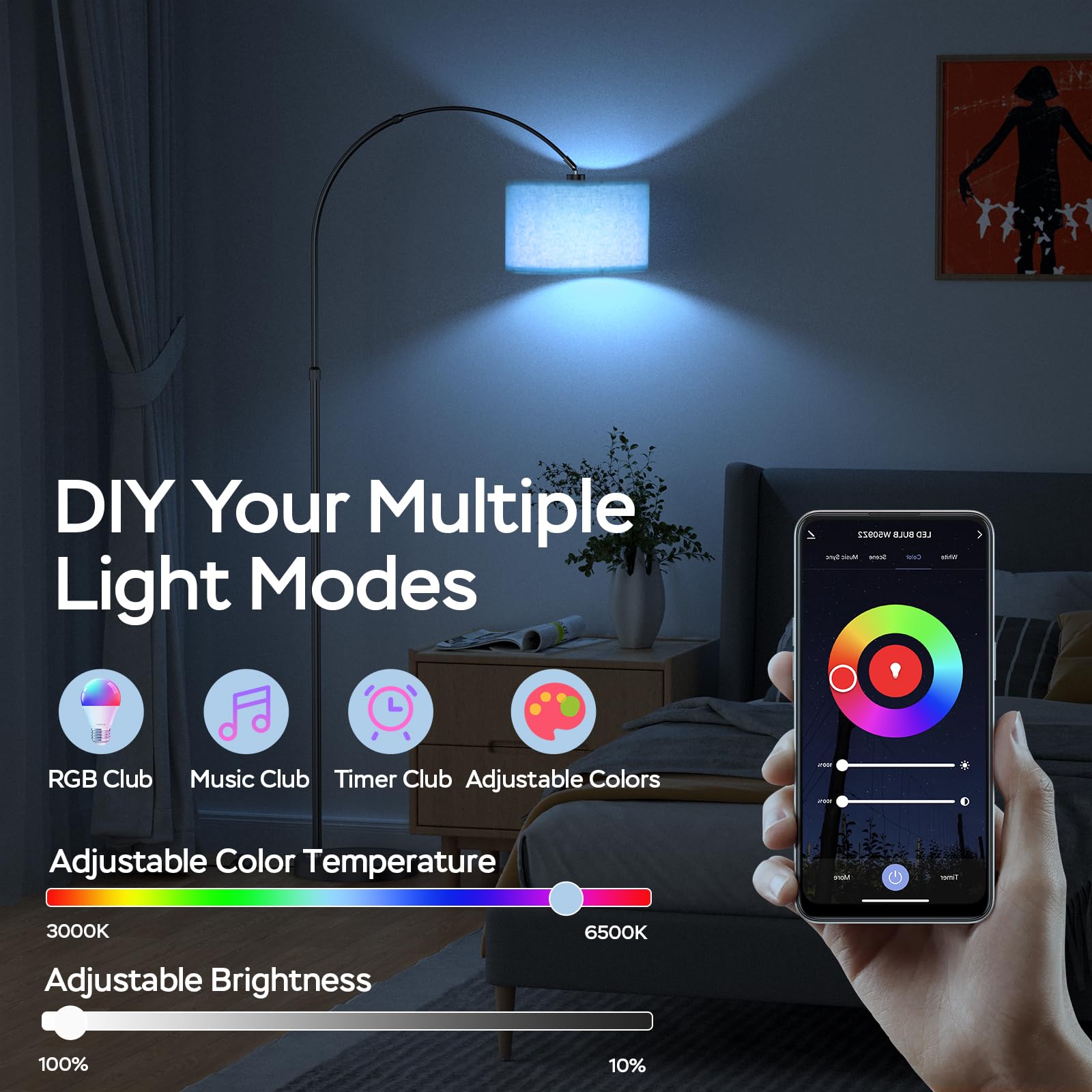 Modlicht Lampada da terra intelligente, funziona con Alexa e Google Home, lampada da terra RGB dimmerabile, per feste o atmosfera festiva, lampada ad arco WiFi E27 9W per soggiorno, camera da letto