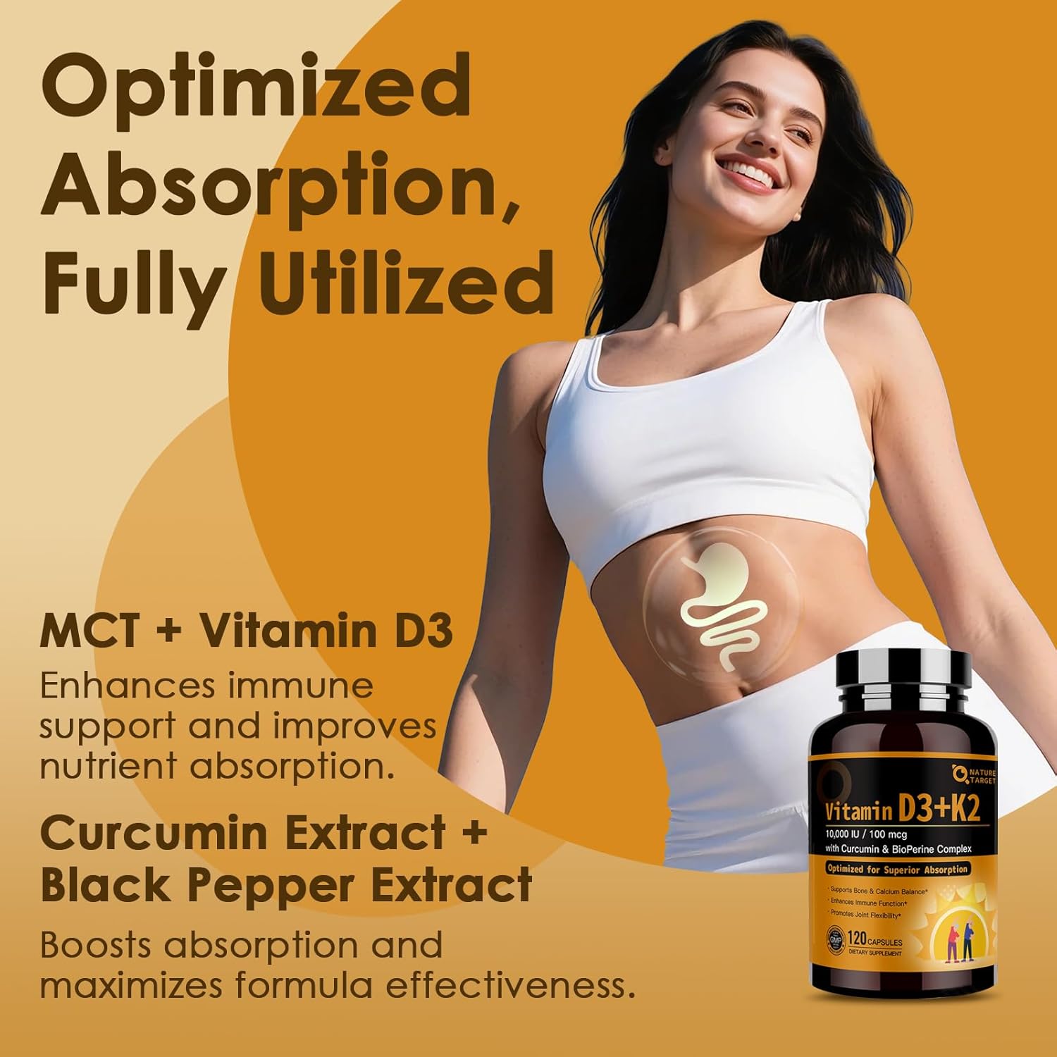 NATURE TARGET Vitamin D3 K2, High-Potency 10,000 IU D3, 100 mcg K2(MK-7) Supplement with MCT, Most Absorbable Synergy Formula, Supports Bone, Calcium & Immune Health, 120 Capsules - Image 5