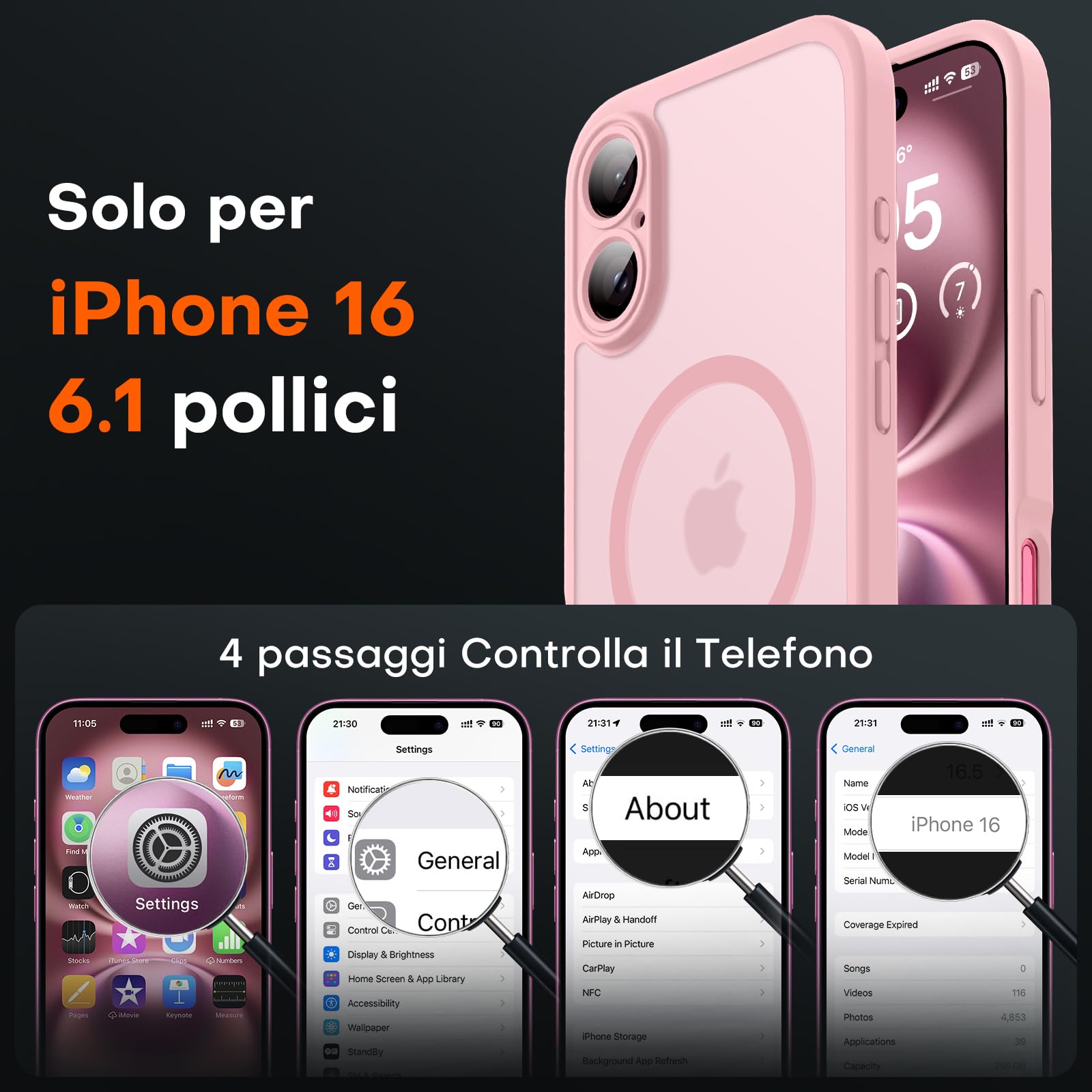 TOCOL Cover Magnetica per iPhone 16 6,1 Pollic, Compatibile con MagSafe, Protezione Fotocamera Integrata, Custodia Antiurto Traslucida Opaca, Rosa Chiaro