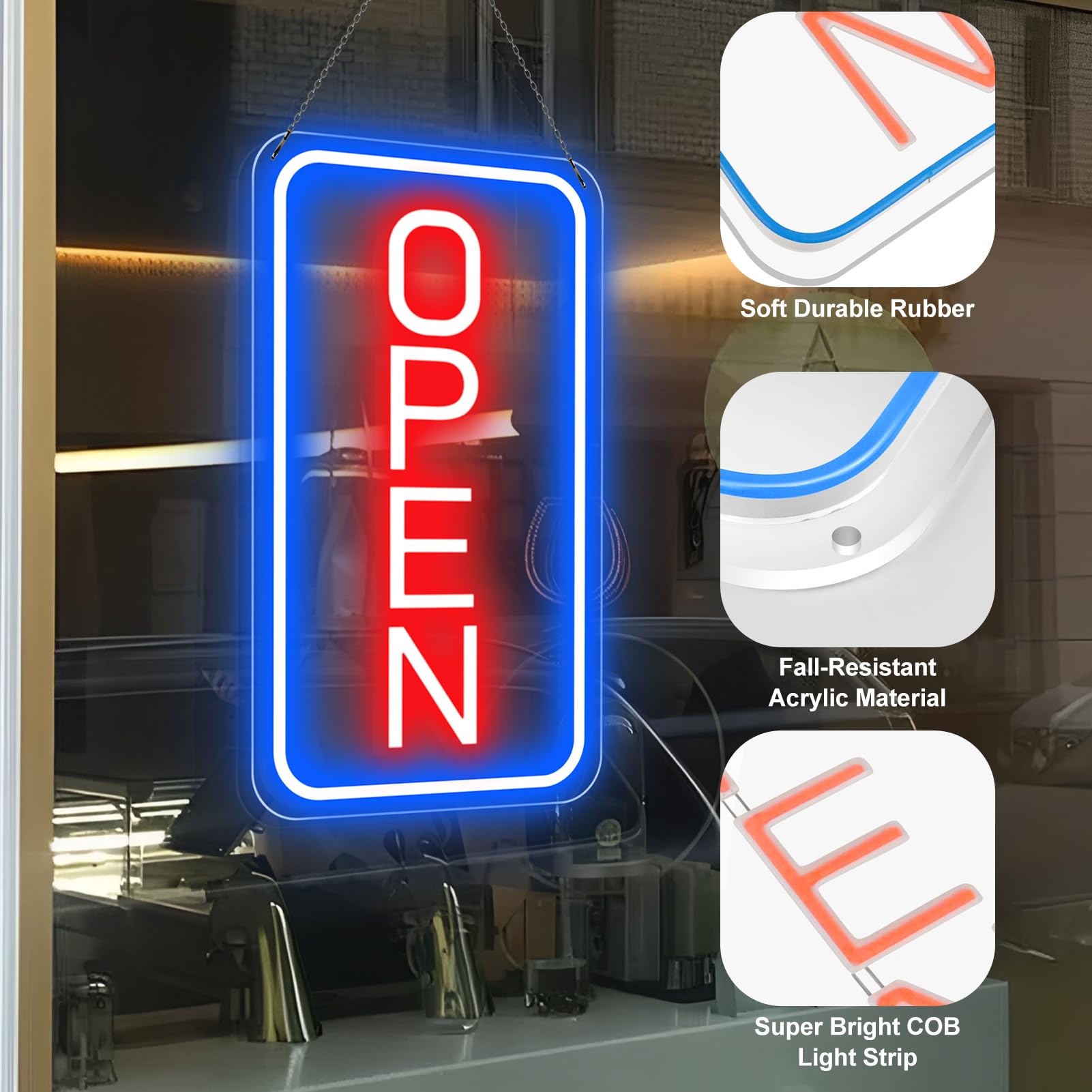Ultra jasne znaki LED dla biznesu, 40 x 23 cm, neonowy otwarty znak, pionowy znak świetlny z adapterem ON/OFF do okien, barów, kawiarni, hoteli, kwiaciarni, klubów, restauracji, salonów fryzjerskich