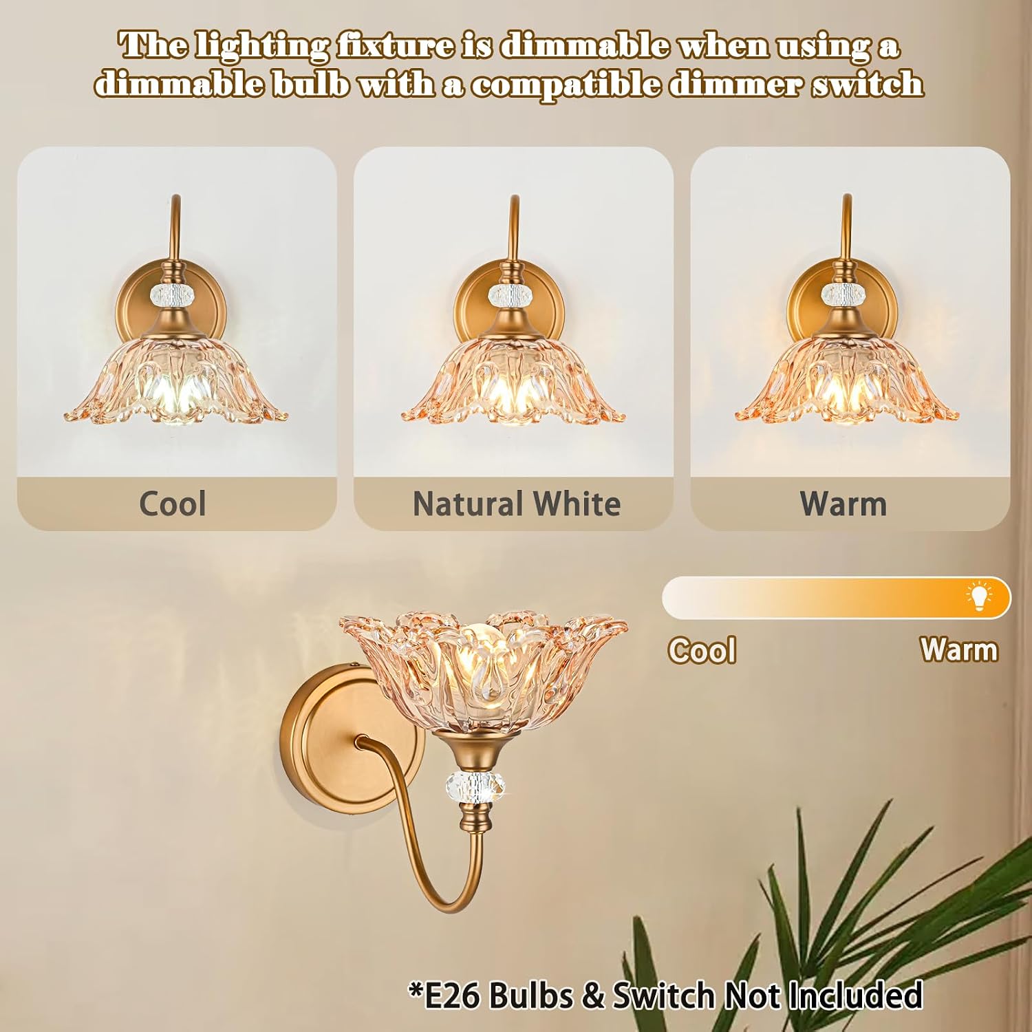 1 Piece Vintage Wall Sconce with Floral Amber Glass Shade, Matte Deep Brass Finish Wall Sconce for Bathroom,Vintage Amber Bathroom Vanity Light Fixture