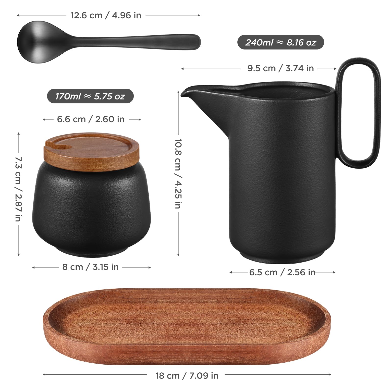 Ecooe Juego de Leche y Azúcar - Jarra de Cerámica Negra y Azucarero Con Tapa y Cuchara de Metal, Bandeja de Madera - Para Barista y Nata