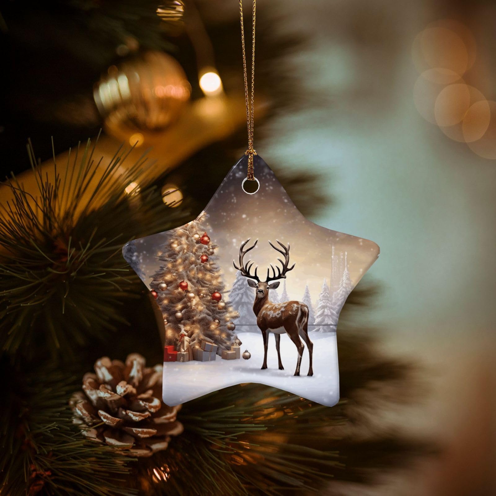 Christmas Ornaments for Christmas Tree Decoration Hanging Christmas Tree and Reindeer Ornament with Gold Ribbon Crafts Star Shape Ceramic Pendant for Keepsake Gifts Xmas Decor Party Supplies