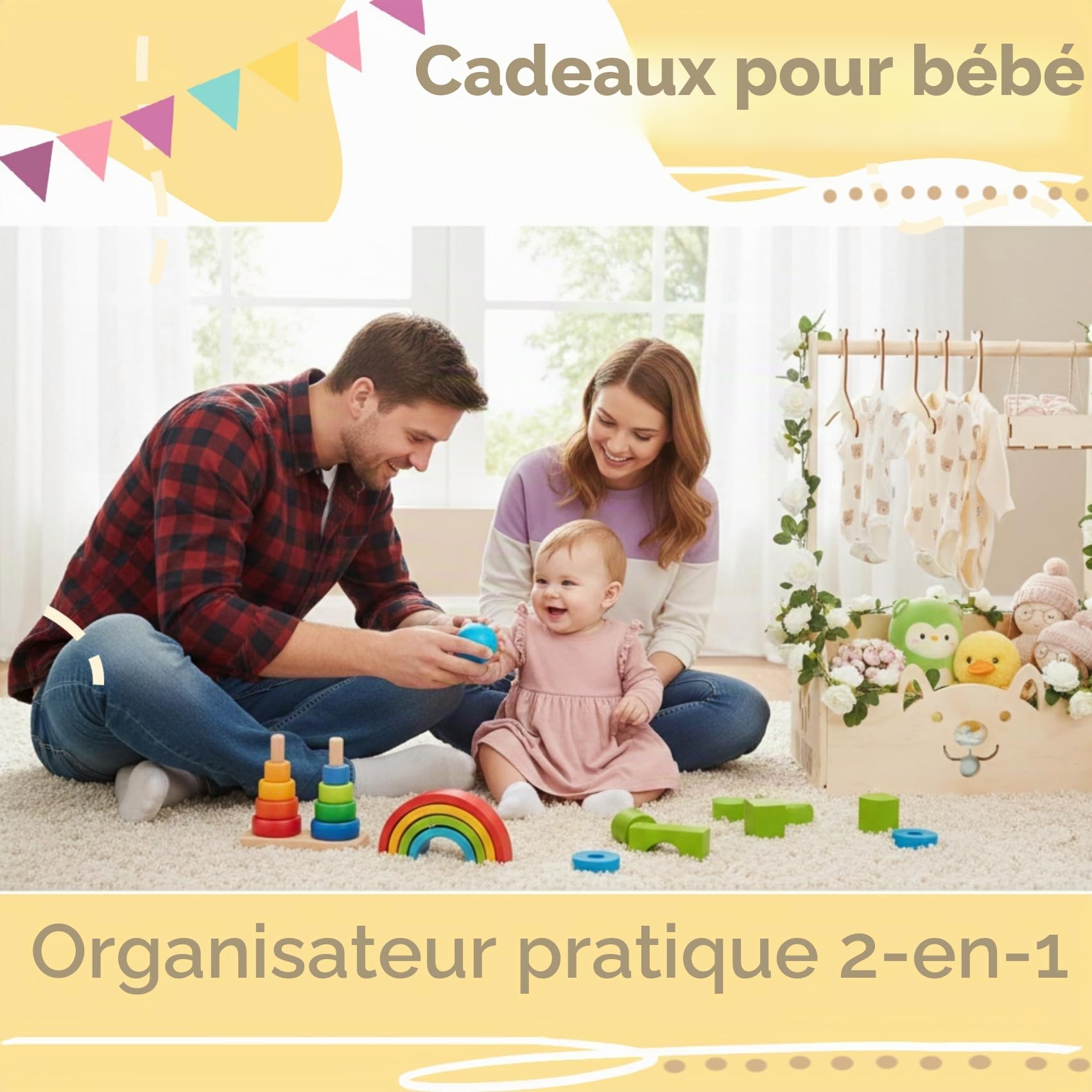 Panier cadeau en bois, baby shower en bois avec poignée, cintres pour enfants, guirlande et petit tiroir pour nouveau-né baby shower nouveaux parents (boîte en bois de roses blanches)
