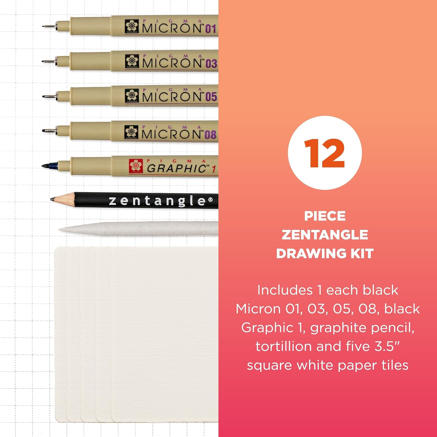 SAKURA Zentangle Tiles, 3.5", White | All-in-One Kit for Drawing, Relaxing, Meditative Patterns, Includes Gelly Roll and Micron Pens, White Pencil and Black Tiles