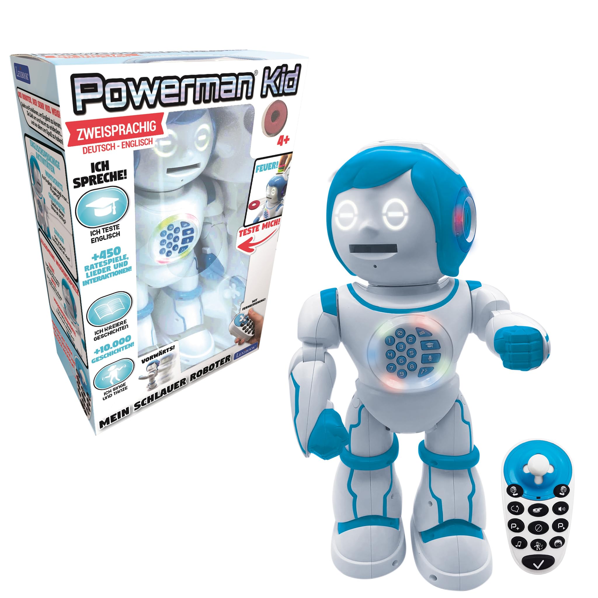 Lexibook Powerman Kid - Pädagogischer und zweisprachiger deutsch/englischer Roboter - Gehend Sprechend Tanzend Singendes Spielzeug - STEM Programmierbares Erzählen Erstellen von Geschichten - ROB90DE