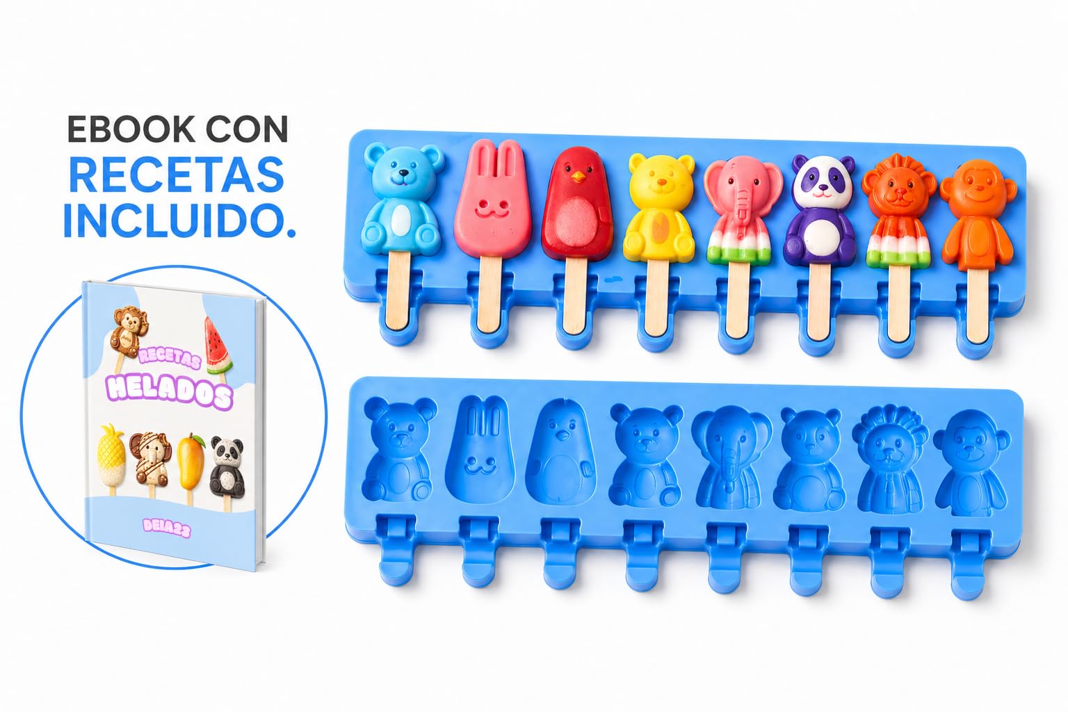 Molde Premium de Silicona para Helados – 8 cavidades para Helados Caseros | Reutilizable | Fácil de Desmoldar y Limpiar | Ideal para Niños | Libre de BPA (Animales) | Incluye Ebook QR con Recetas — view 2