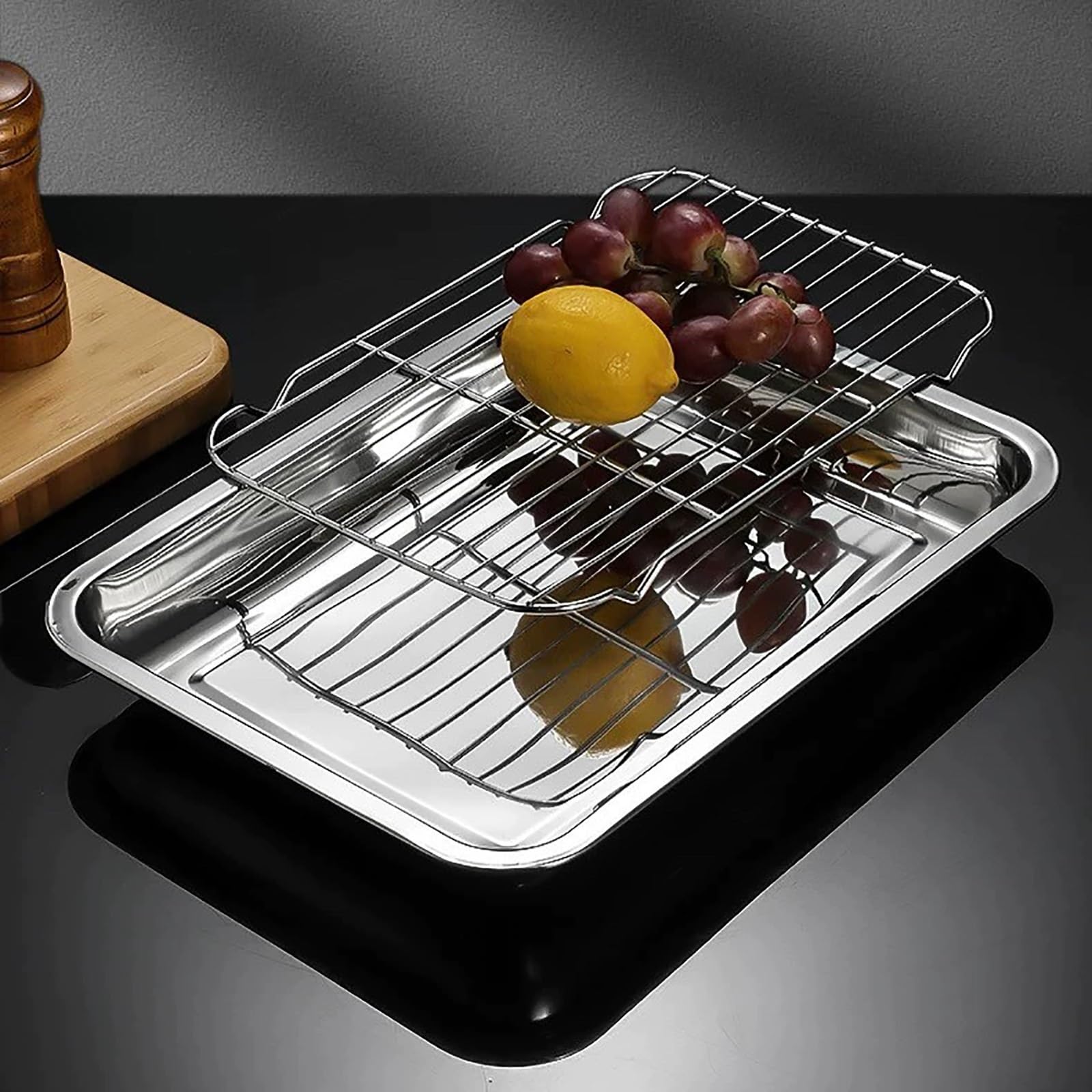 Bandeja Horno Acero Inoxidable con Rejilla de Enfriamiento, Bandejas para Servir Comida de Metal de Acero Inoxidable para Escurrir Agua y Aceite y a la Parrilla(50x35x5cm/20x14x2in)