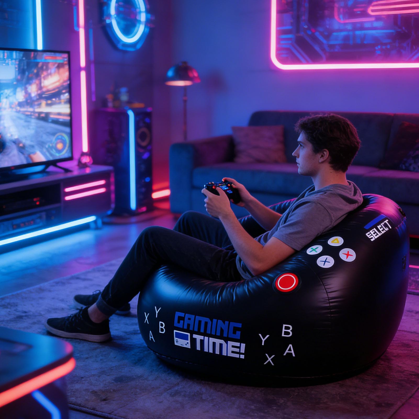 Poltrona da Gaming Gonfiabile, a Sacco, con Portabicchieri e Tasche Laterali, Supporta Fino a 100 Kg, Ideale per la Sala Giochi dei ragazzi.