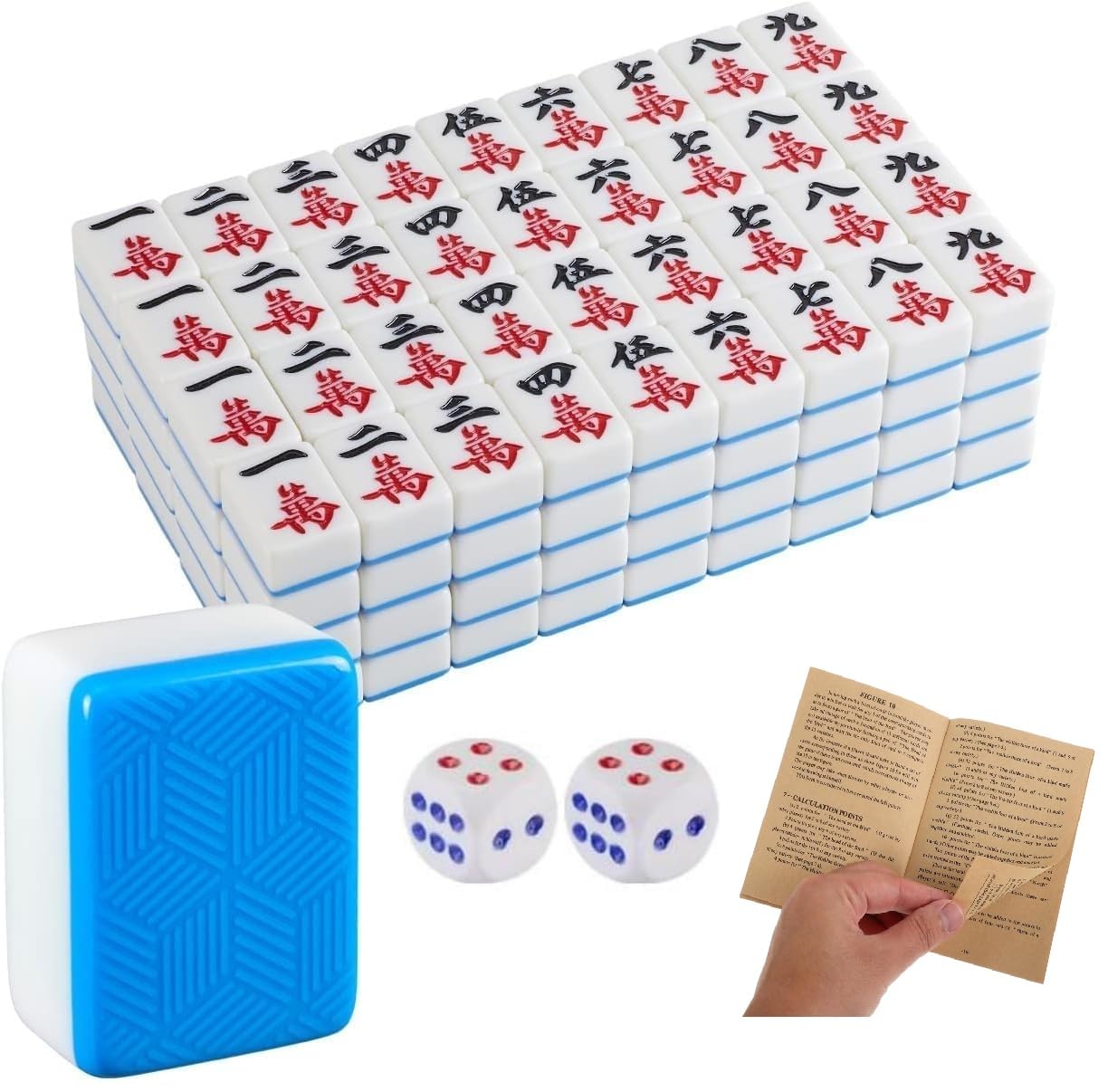 EatingBiting Large Size Chinese Mahjong Set 1.6 inches Board Game Classic ?? with 146+ Blue Colored Tiles, Wind Indicator and Dice Large + Mahjong Tiles Melamine English Instraction and Carrying Bag
