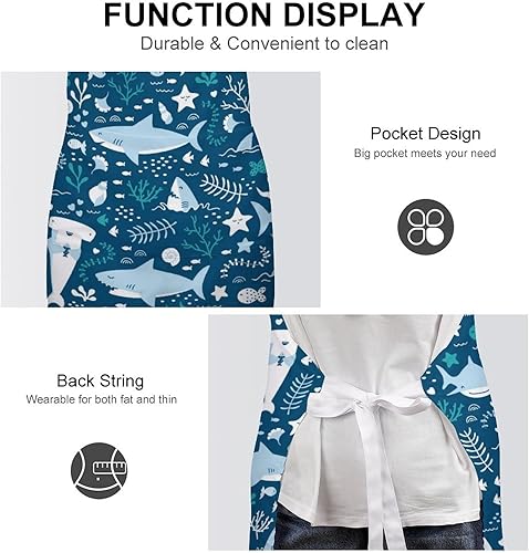 Miniatura 5 de Lindo delantal de cocina de tiburones para adultos ajustable babero suave delantal de chef con 2 bolsillos