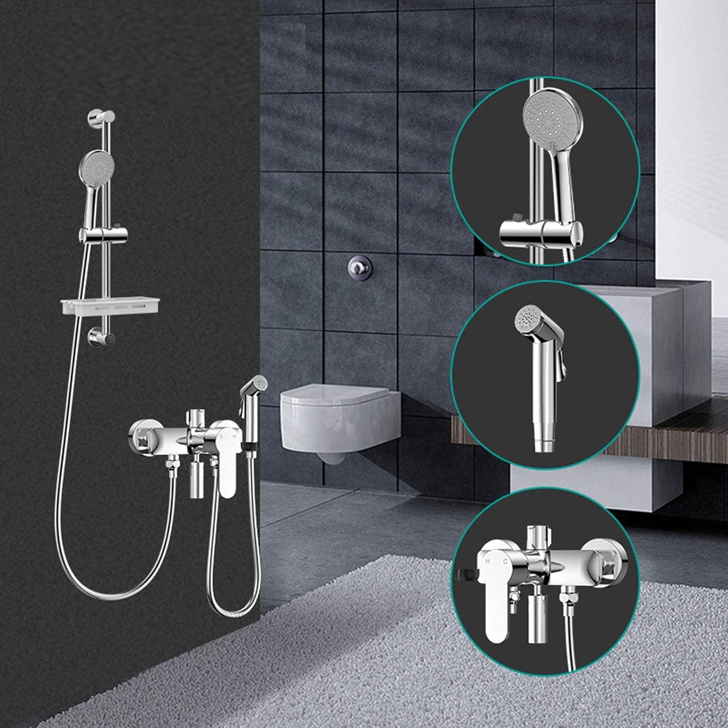 Adjustable Height Shower System Brass, Wall Mounted Shower Set Bathroom with Hand Held Shelf Tap, Modern Shower Mixer Set Chrome for Hotel Gym Pet
