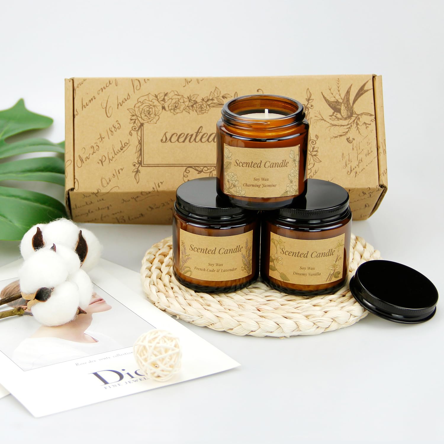 Scented Candles Gift Set – 3 Glass Jar 3.5oz Aromatherapy Candles | Natural Soy Wax & Essential Oils | Lavender, Vanilla & Jasmine | Relaxing Home Fragrance | Ideal Gift for Christmas, New Year