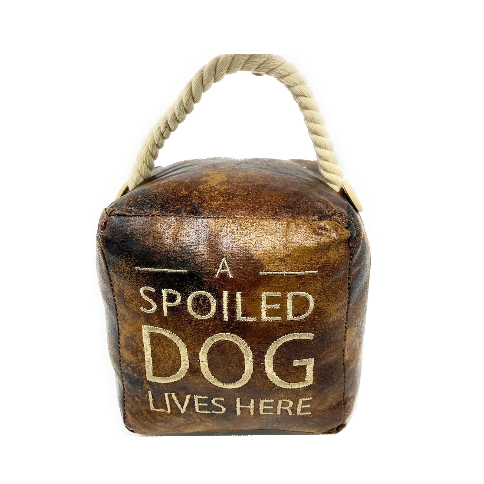 Htuk Distressed Brown Leather Cube Door Stop Heavy Vintage Style Faux Leather Cube Door Stop Distressed Vintage Cube A Spoiled Dog Lives Here Door Stop With Rop Handle Htuk®
