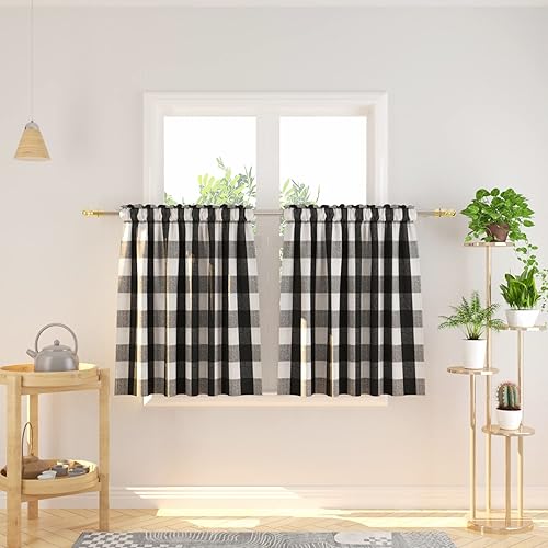 Miniatura 85 de Cortina ajustable con cenefa para ventana de cocina Buffalo Check, a cuadros, gingham, estilo granja, con bolsillo para barra, para baño, 42 x 45