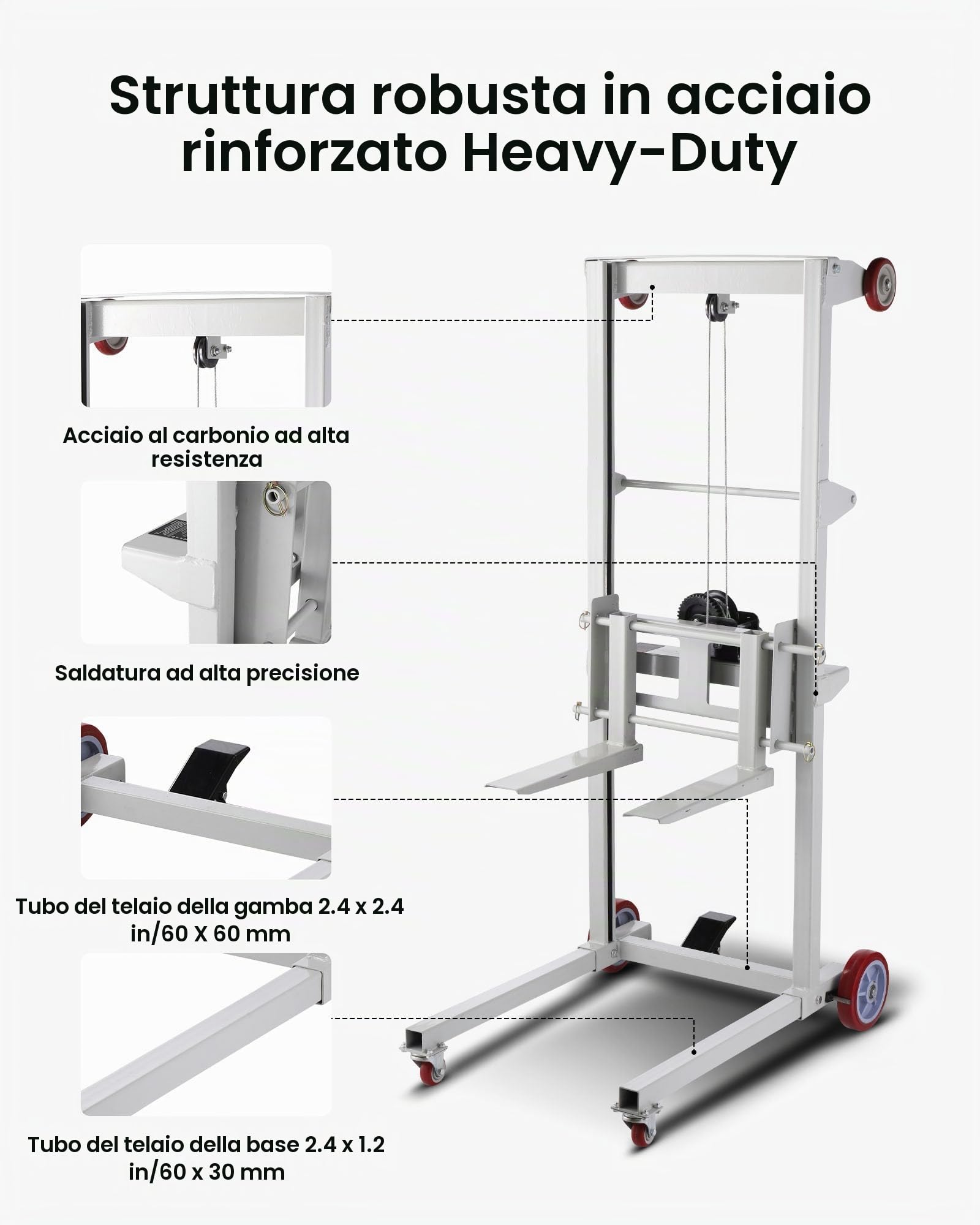 VEVOR Carrello Elevatore a Verricello, Altezza di Sollevamento di 178 cm, Carrello Elevatore a Verricello Manuale a Transpallet con Capacità di 249,93 kg, con Ruote e Forca Regolabile