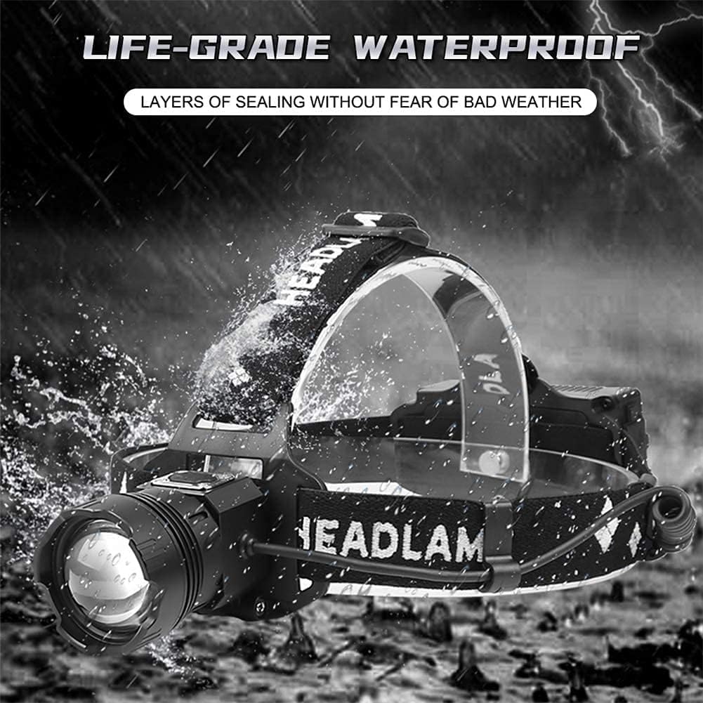 Lampe frontale LED ultra lumineuse rechargeable par USB avec projecteur de recherche étanche XHP99 haute performance, 200 000 lumens, zoom à 3 niveaux et détecteur de mouvement, idéale pour le camping