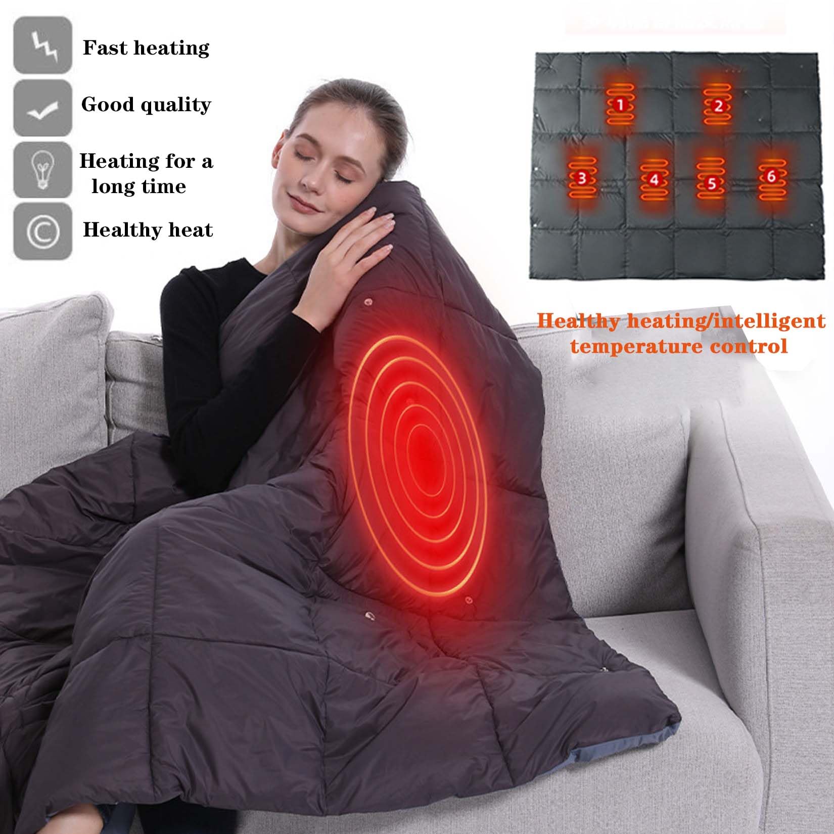 BNEI Manta eléctrica, de algodón Suave, Control de Temperatura de 3 Niveles, calefacción de 6 Zonas, conexión USB, 112 * 138 cm, Gris