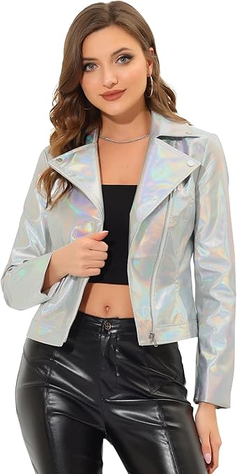 Allegra K Holographic Metallic Jacket for Women's Biker Shiny Jacket
