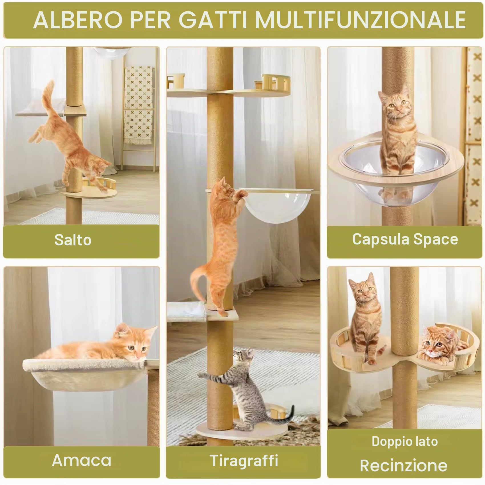 Tiragraffi dal pavimento al soffitto, regolabile in altezza, 240-250 cm, 265-275 cm, larghezza 11 cm, amaca per gatti completamente avvolta in corda di sisal