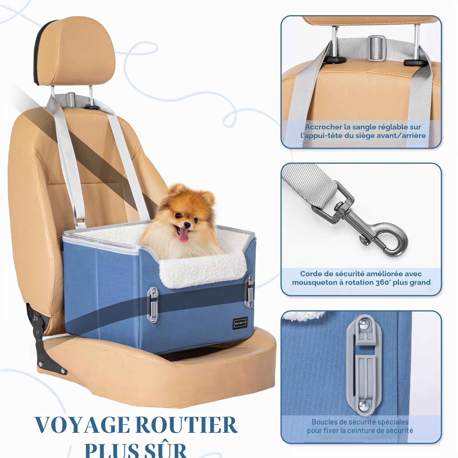 PETSFIT Siège rehausseur de voiture pour chien de taille moyenne avec 2 laisses de sécurité à clipser, boucles brevetées, siège rehausseur pour animaux de compagnie (bleu neuf, taille S)
