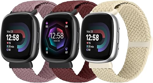 Bandas elásticas trenzadas compatibles con Fitbit Versa 3Versa 4Sense 2Sense, para mujeres y hombres, paquete de 3 pulseras deportivas ajustables de