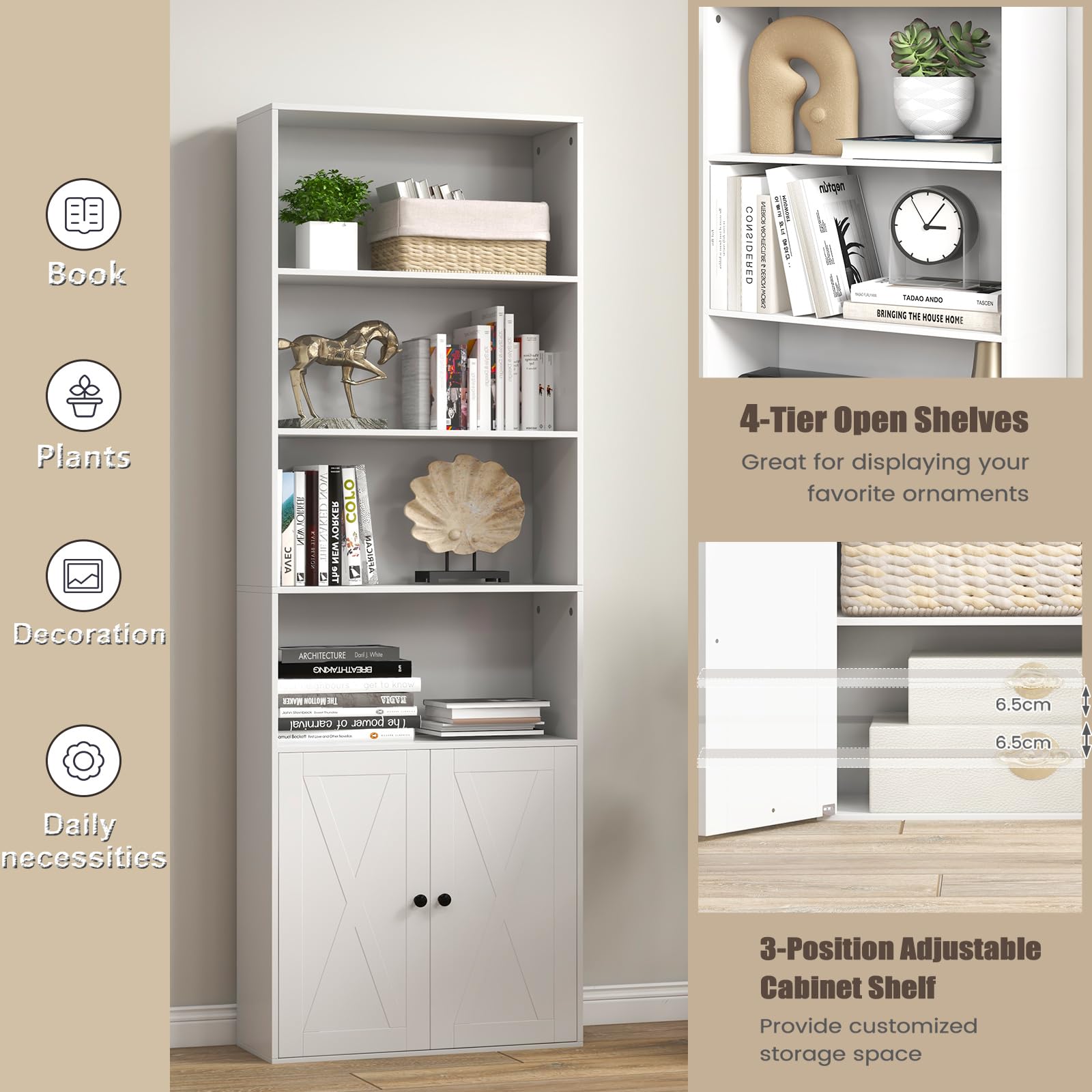 KOMFOTTEU Libreria Chiusa in Legno con Armadio a Ante, 6 Ripiani Aperti, Librerie Moderne con Ripiano Rimovibile, Libreria Scaffale, 60 x 24 x 180 cm, Bianco