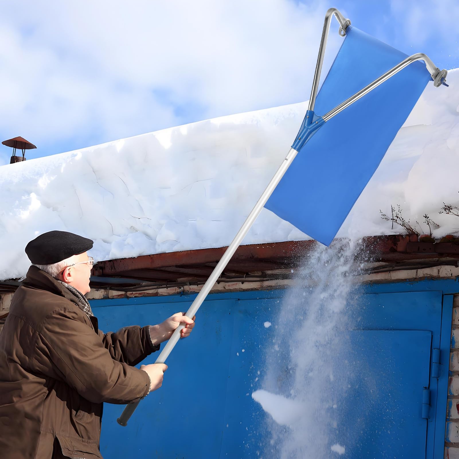 Wielofunkcyjna szczotka do dachu, grabie dachowe do odśnieżania 1,5 m - 6,4 m, z 2 głowicami do skrobania, regulowana zamiatarka dachowa, do przezroczystych liści, narzędzie do usuwania