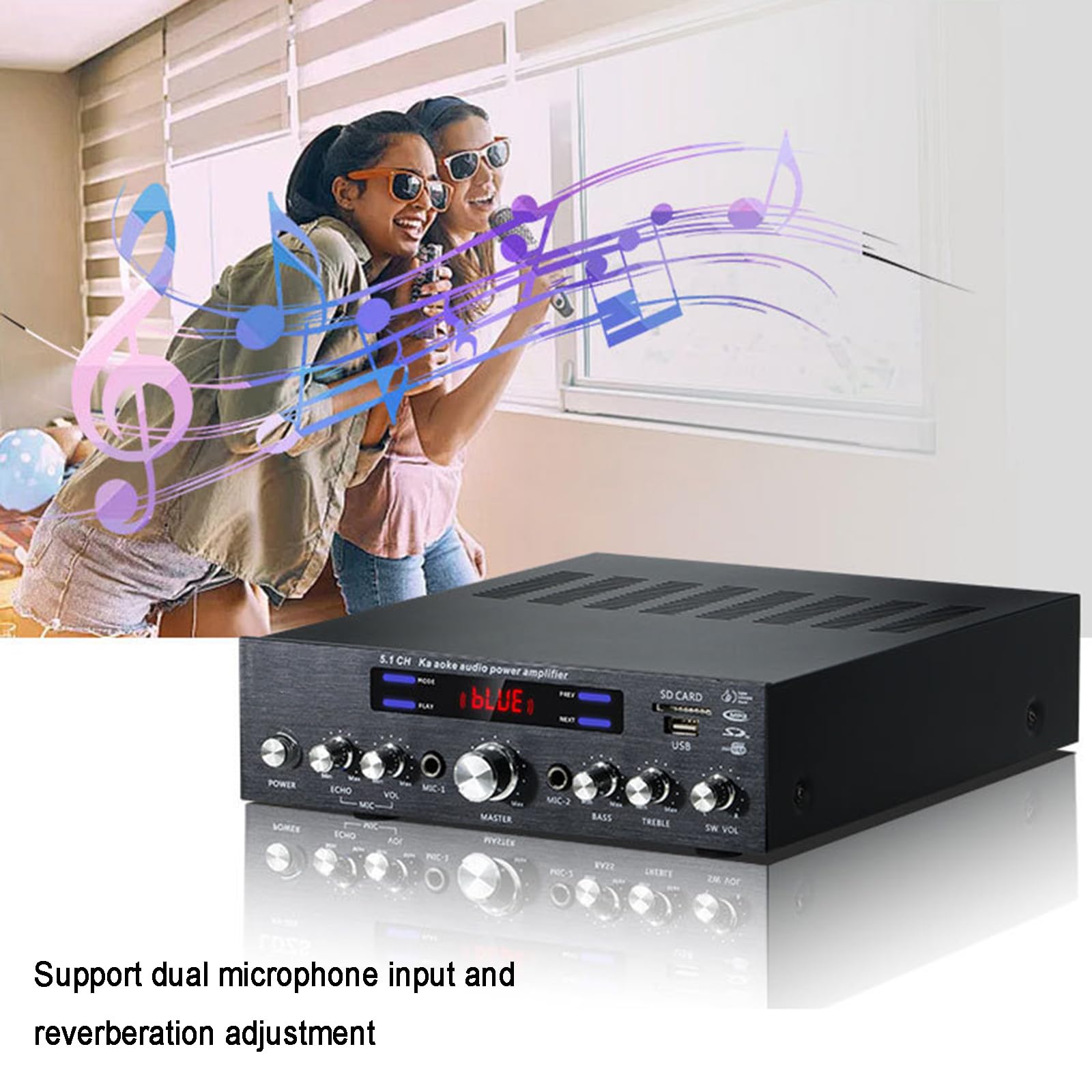Amplificatore Bluetooth 5.1, Amplificatore Audio Stereo HiFi per Altoparlanti, con Display LCD E Telecomando, Ingresso USB/SD/RCA/Mic
