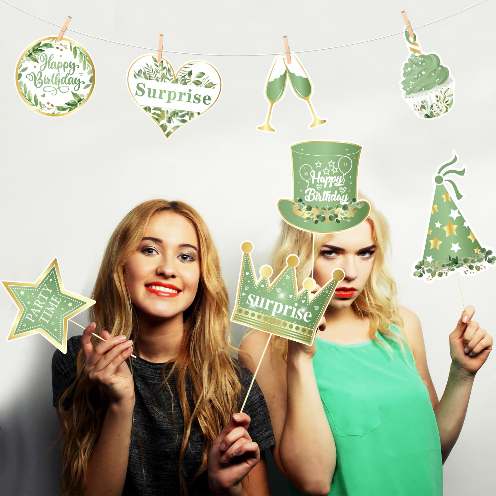 24 Accessoires Photo Anniversaire Vert Sage - Déco Fête Adultes & Enfants - Motifs Fun