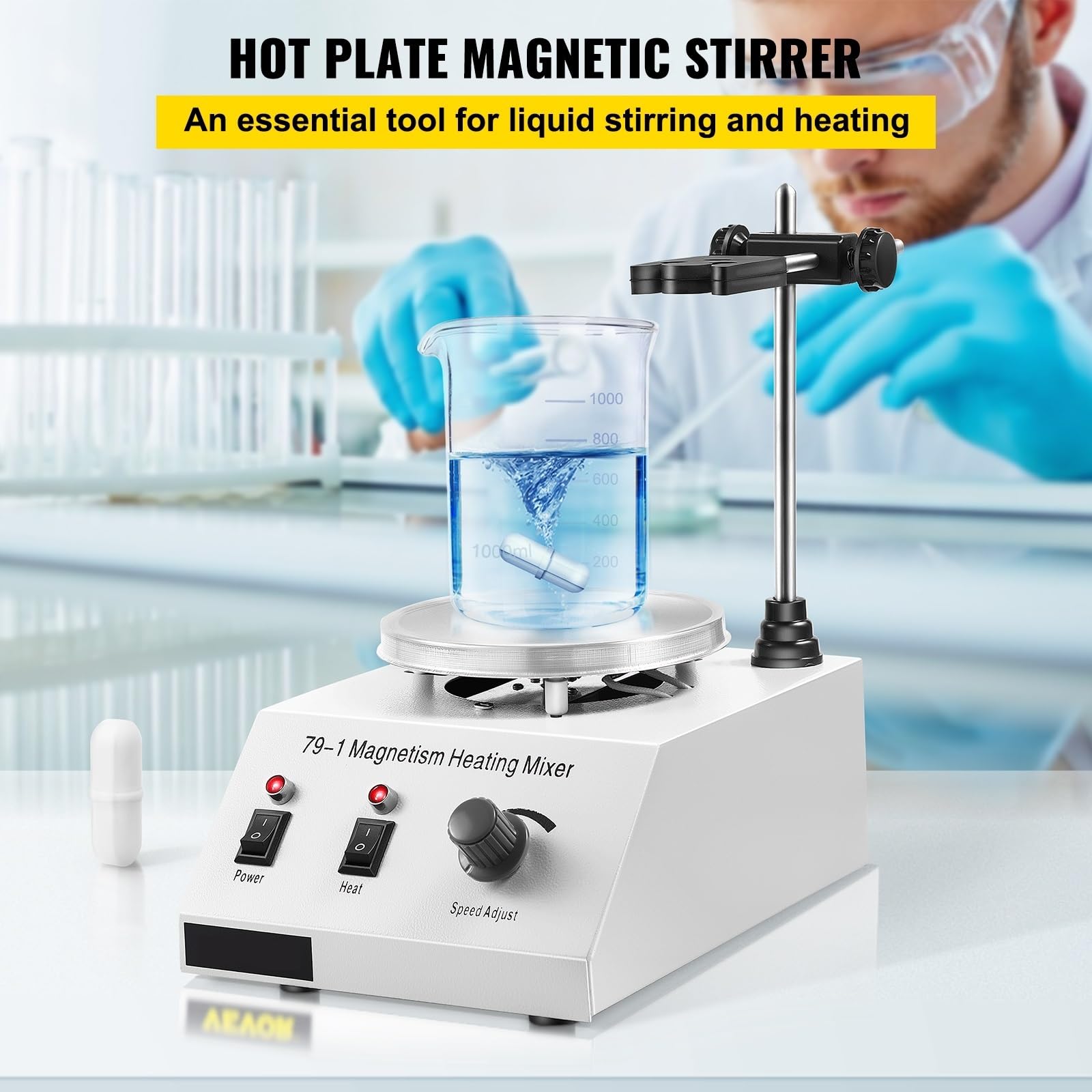Labor Mischer, 1L Heizung Magnetrührer Heizplatte W/Rührstab 0-1600R/Min Vortex-Mischer Destillationskit Chemie Laborausrüstung