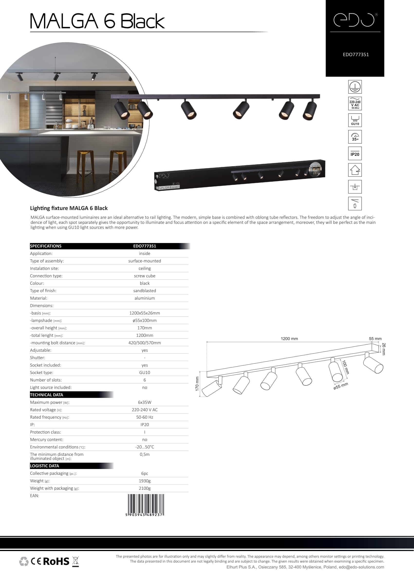 EDO Focos de Techo GU10 con 6 Focos MALGA Negro Orientable, Lampara de Techo Interior Ajustables y Giratorios Moderno, Plafón para Salon, Dormitorio, Cocina, Sin Bombilla