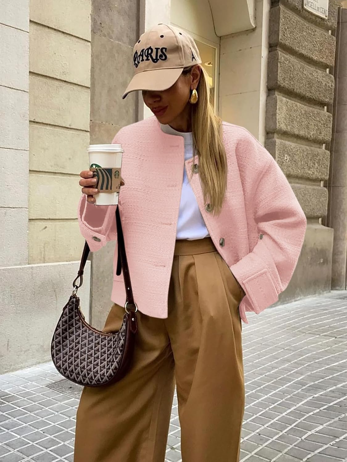 Tweed Jackets for Women Fall Long Sleeve Business Button Down Casual Cropped Blazer with Pockets - Image 3