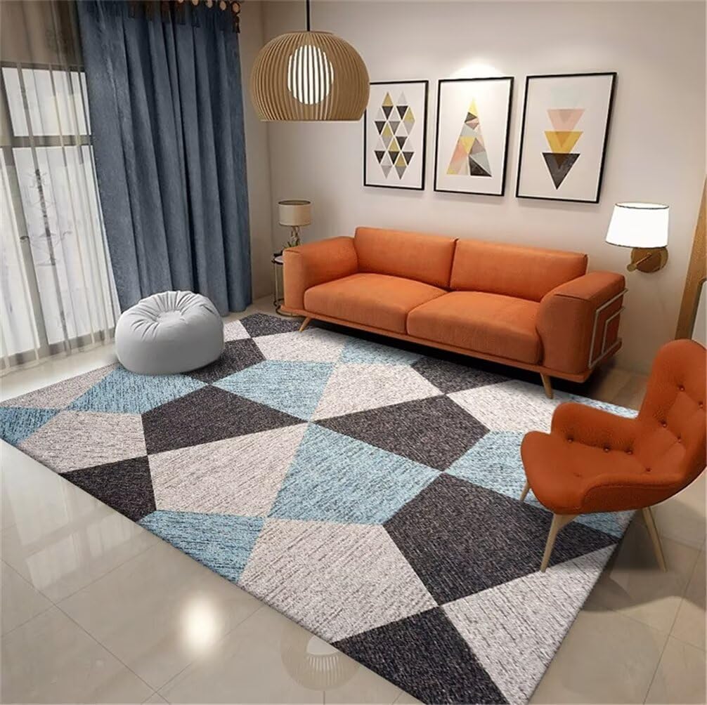 Tapis 80x150CM bleu et gris à motif géométrique pour descente de lit adulte