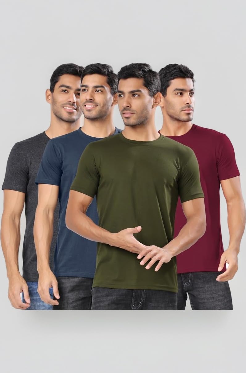 Men's Cotton Blend Regular Fit Solid Round Neck Half Sleeve T-Shirts - Pack of 4