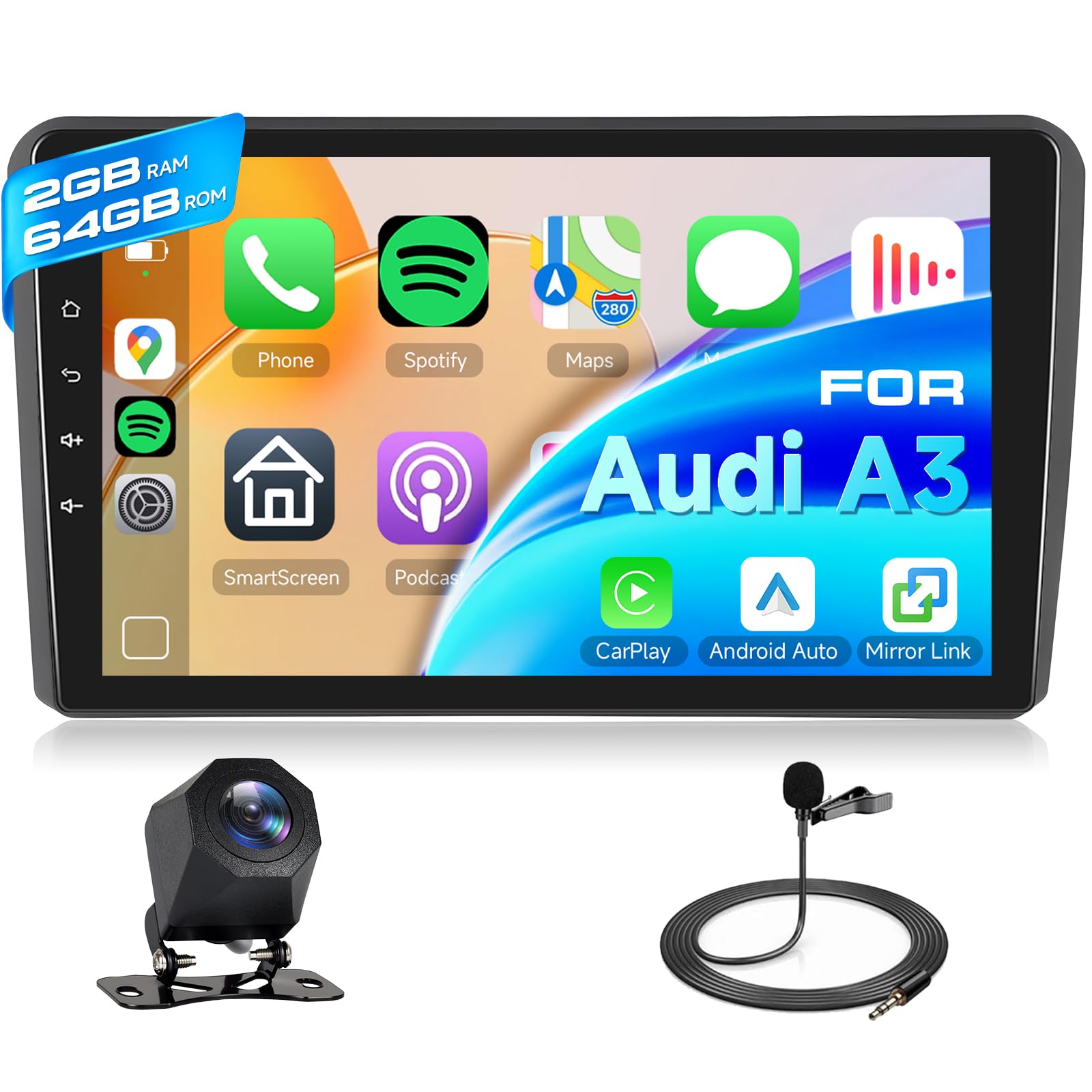 Hodozzy 2G+64G Radio para Audi A3 2003-2013/S3 8P 2006-2012/RS3 2011-2012 con Carplay Android Auto Inalámbrico, Reproductor 9 Pulgadas Pantalla Táctil Radio Coche GPS Bluetooth WiFi FM/RDS Cámara