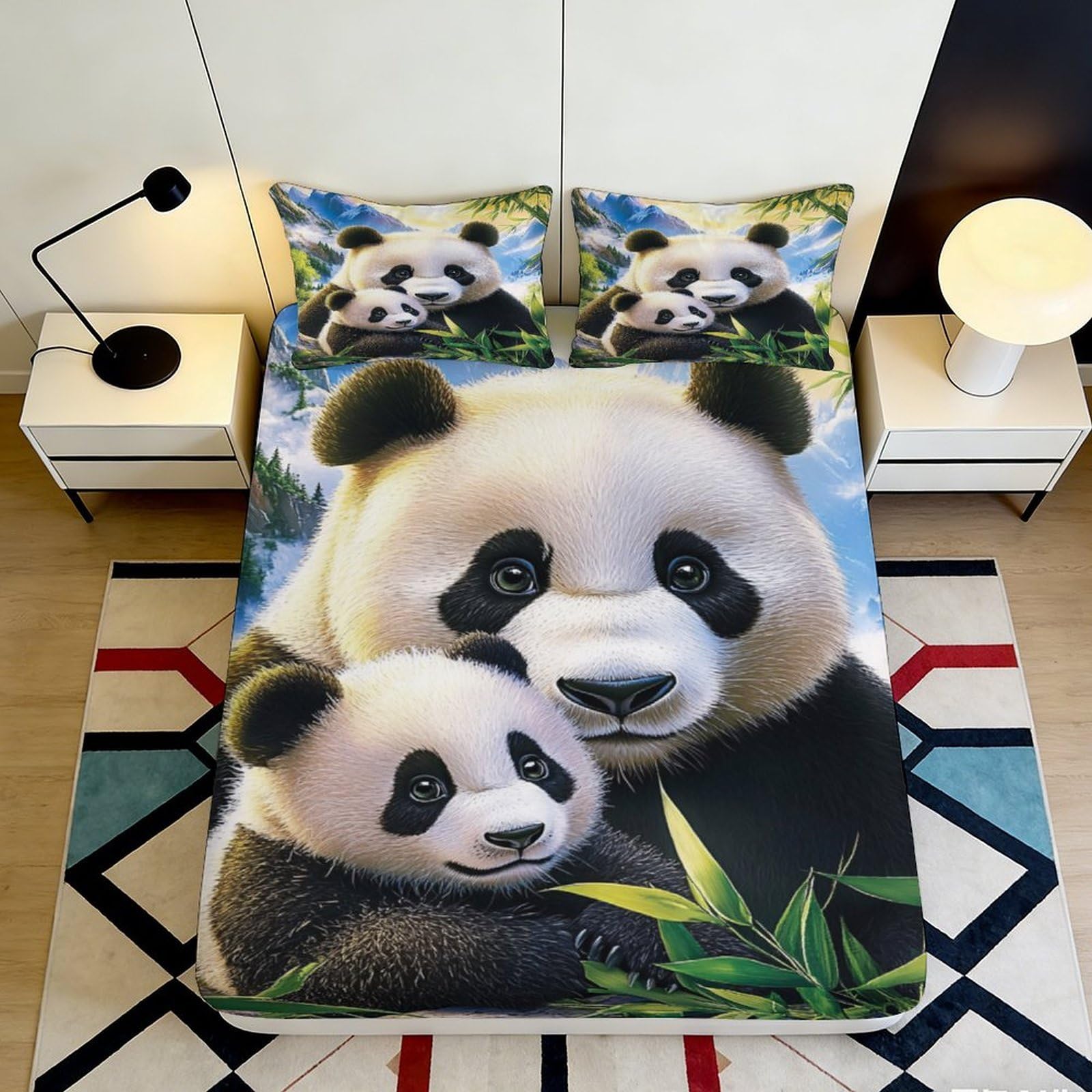 Jqzkxnhpbr Style-4 3D Printed Panda Family Fitted Sheet Microfiber Soft Breathable Bamboo Forest Bed Cover For Bedroom Dorm Decor Protection 90X200x25cm